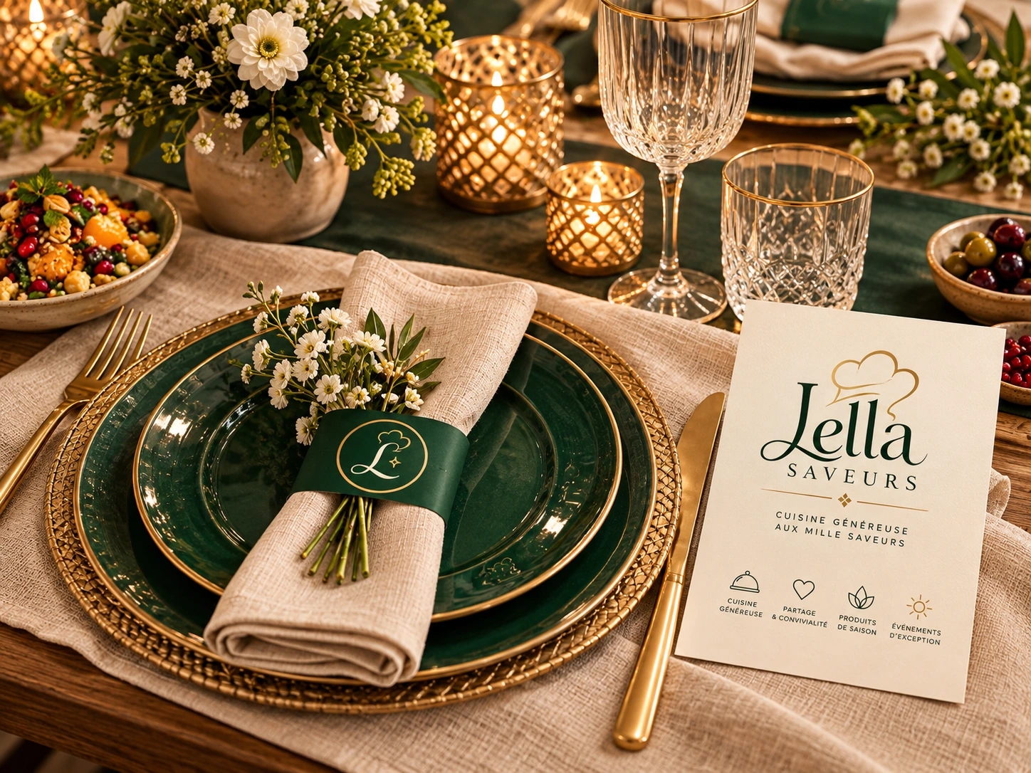 Table dressée dans des tons vert, lin et doré