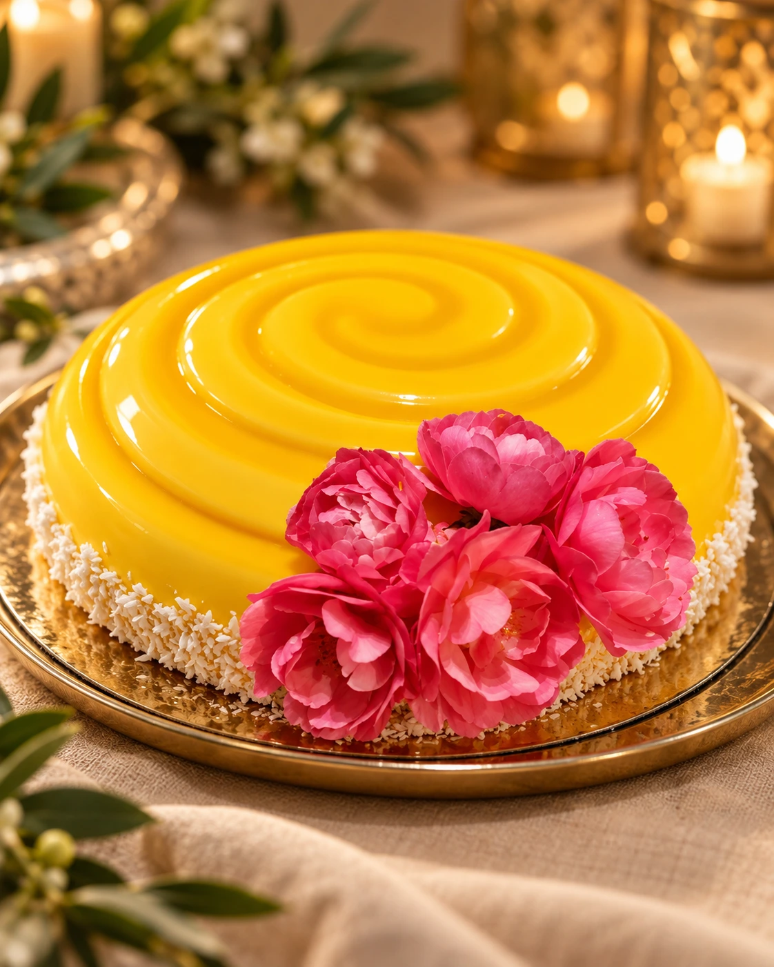 Entremets jaune décoré de fleurs roses