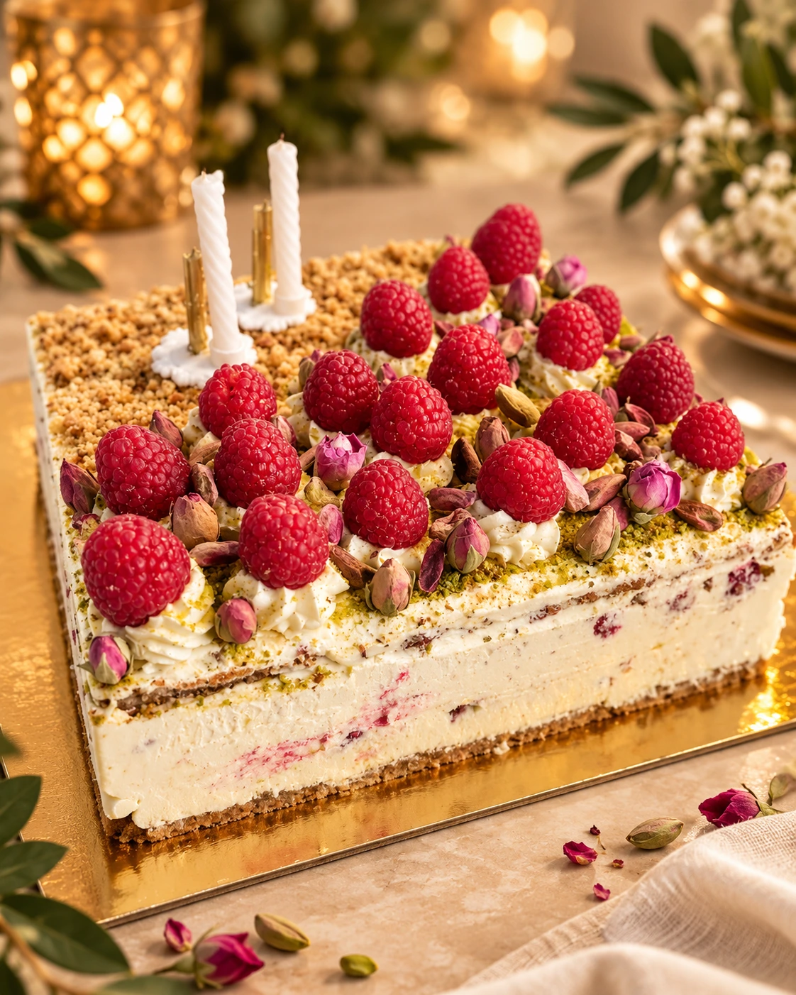 Grand gâteau rectangulaire aux framboises
